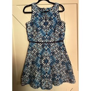 Taylor Sleeveless Blue/White Floral Fit Flare Back Zip Tank Dress‎ Size M